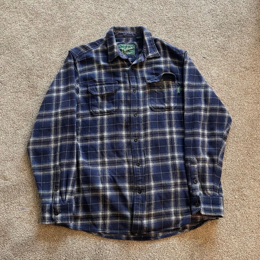 Mens Woolrich Flannel Shirt Medium Navy Blue Excellent Plaid Button Down